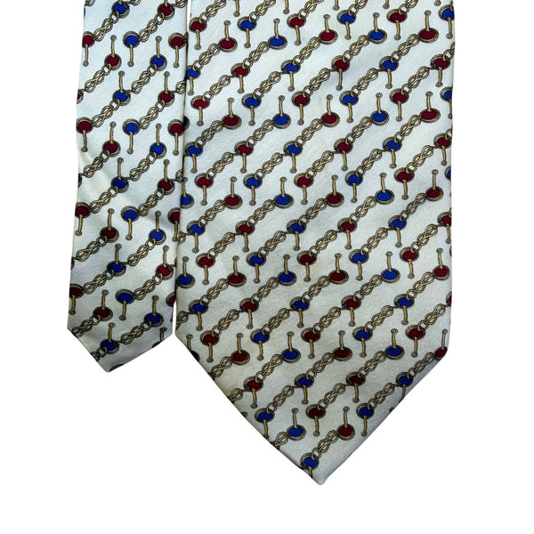 Tom James Mens Ivory Silk Tie Chain Link Red & Blue Pattern Elegant Made In USA