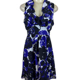 Trulli Women’s Blue Floral Sleeveless A-Line Dress With Ruffled Neckline Sz M