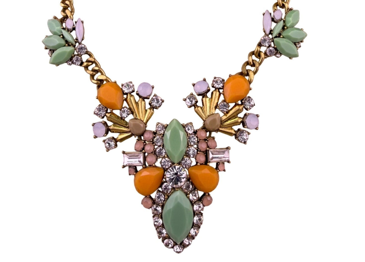 J.Crew Womens Multicolor Statement Necklace Gold Tone Crystal Navette Design