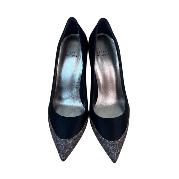 Stuart Weitzman Women’s Black Satin & Glitter Fairlady Stiletto High Heels Size