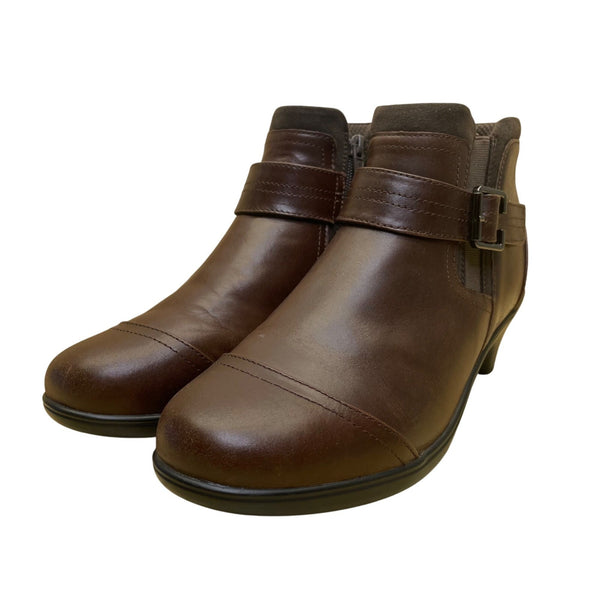Orthofeet Women’s Brown Leather Buckle Detail Heeled Ankle Boots Size 11M