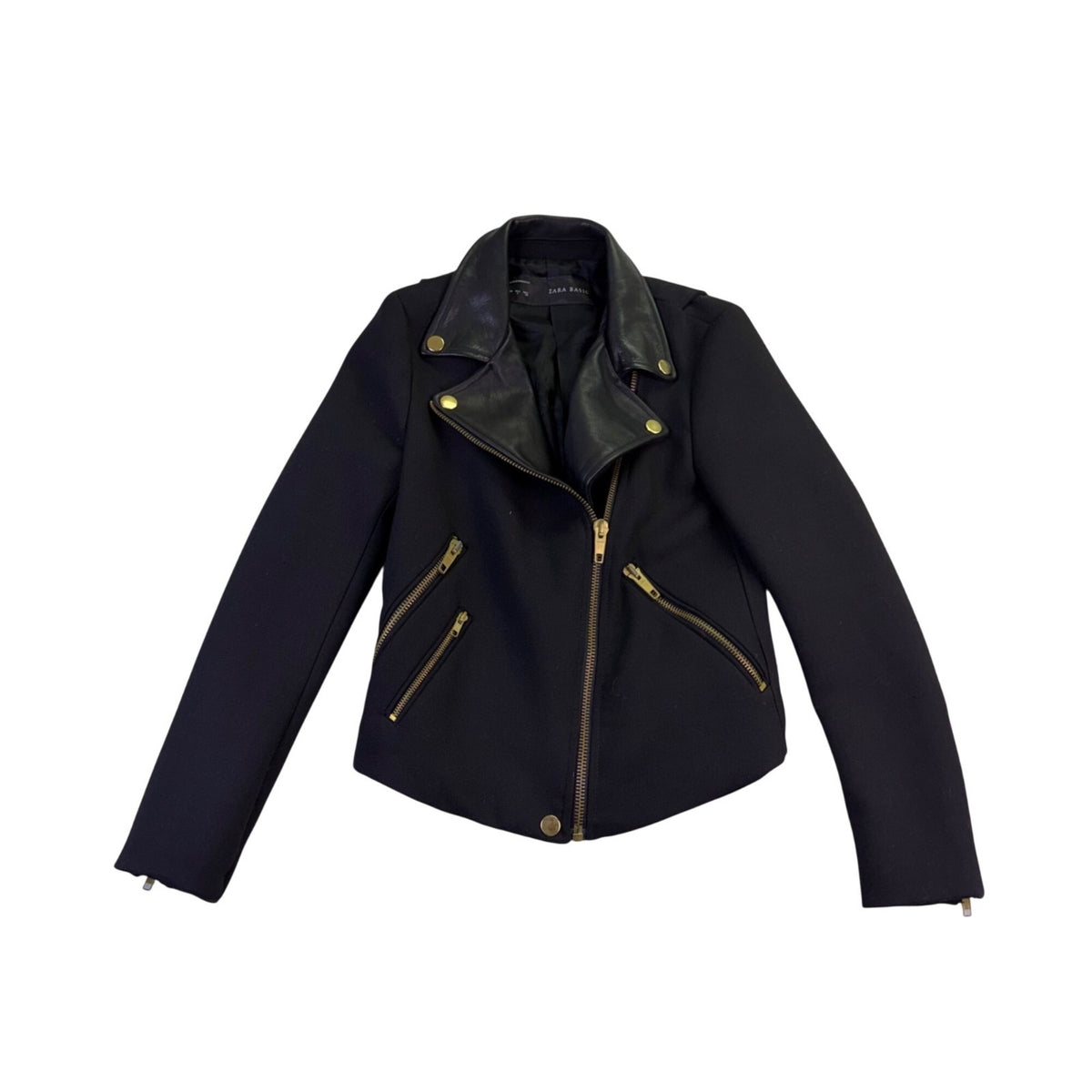 Zara Basic Womens Black Moto Jacket With Gold Zippers Size S