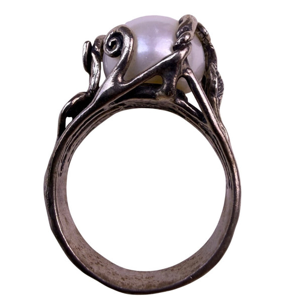 Sterling Silver Womens White Pearl Ring Leaf Branch Handmade Elegant Look