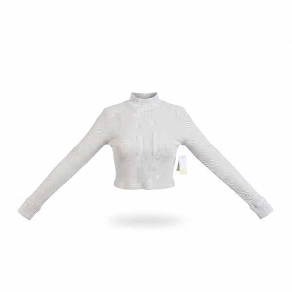 BP. Womens Heather Gray Ribbed Long Sleeve Mock Neck Cropped Top Size S