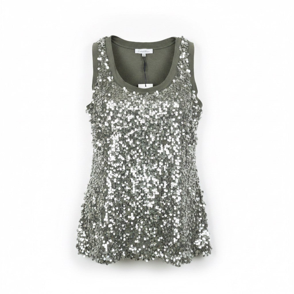 Calvin Klein Womens Olive Sequined Tank Top Petite Stylish Lightweight Sz M