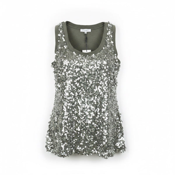 Calvin Klein Womens Olive Sequined Tank Top Petite Stylish Lightweight Sz M