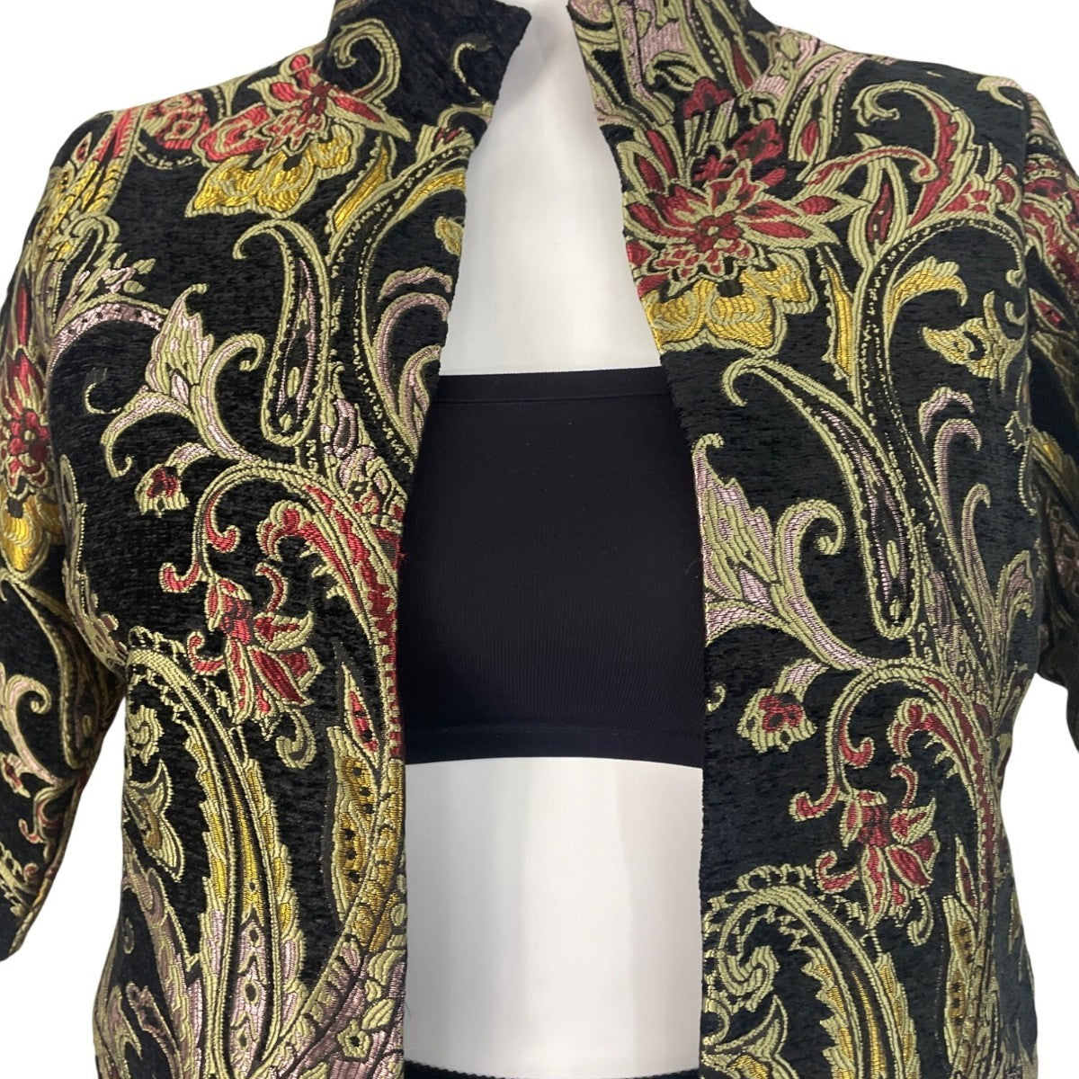 Floral Embroidered Open Jacket Womens Multicolor Brocade 3/4 Sleeve