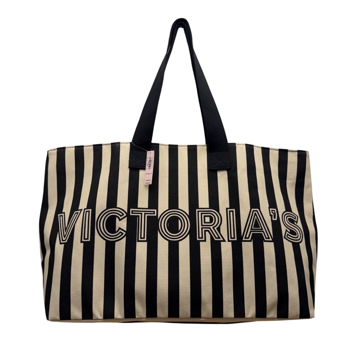Victorias Secret Women’s Black & Cream Canvas Striped Signature Logo Tote Bag