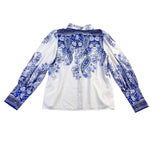 Stylewe Womens Blue White Floral Long-Sleeve Blouse Elegant Shirt Size M