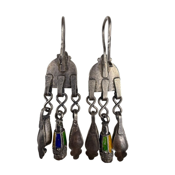 Vintage Kabyle Tribal Silver Dangle Earrings Orange Glass & Enamel