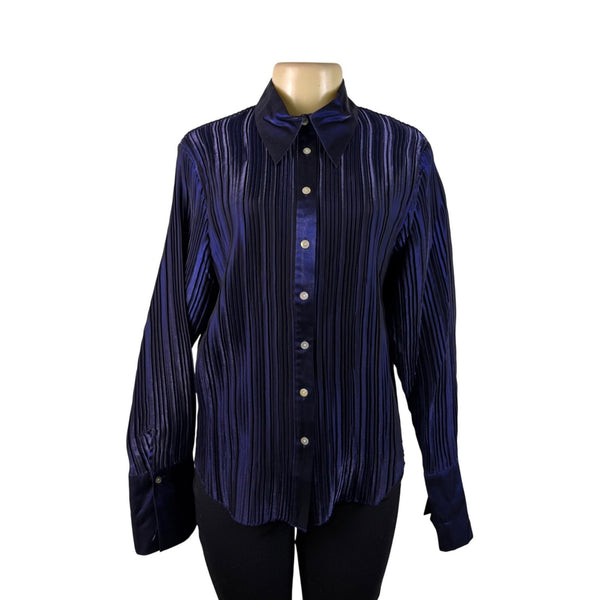 Caviar Womens Navy Satin Blend Pleated Button-Up Shirt Long Sleeve Sz XL