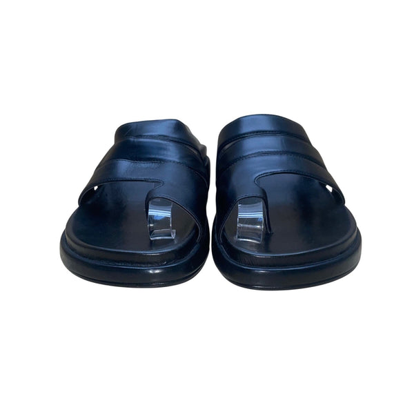 Harvé Benard Women’s Black Leather Slide Sandals Toe Loop Comfort Sole Size 10M