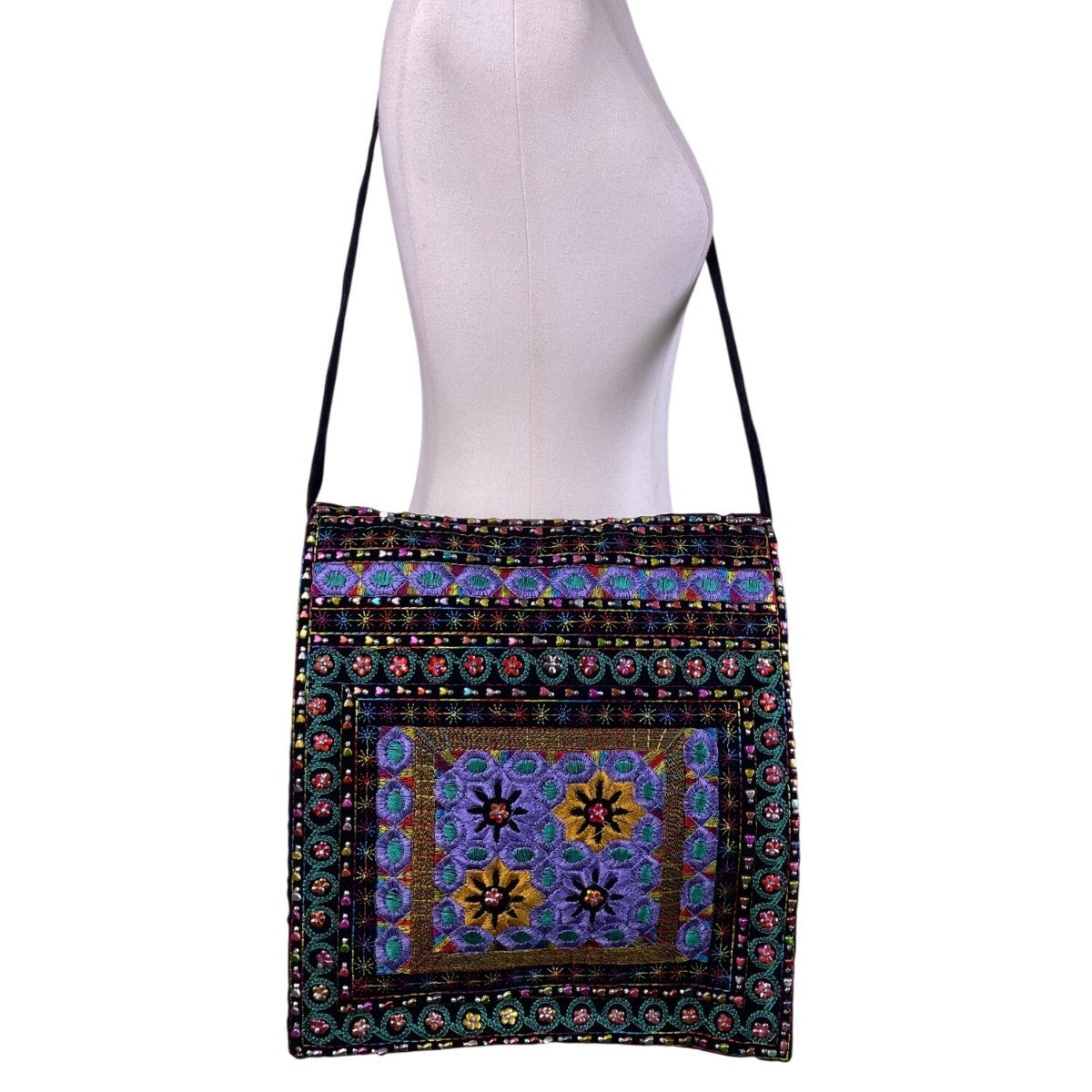 Embroidered Black Multicolor Floral Pattern Zipper Ethnic Boho Shoulder Bag