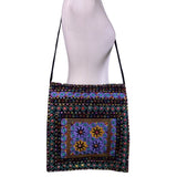 Embroidered Black Multicolor Floral Pattern Zipper Ethnic Boho Shoulder Bag