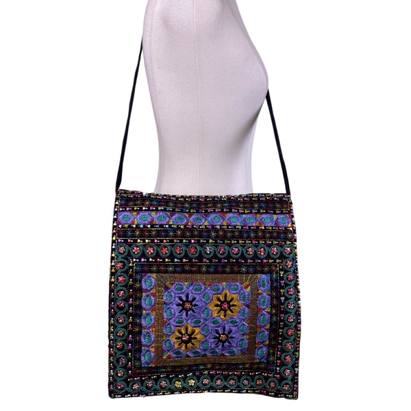 Embroidered Black Multicolor Floral Pattern Zipper Ethnic Boho Shoulder Bag