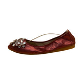 Guansitu Women’s Red Satin Bejeweled Toe Accent Foldable Ballet Flats Size 44