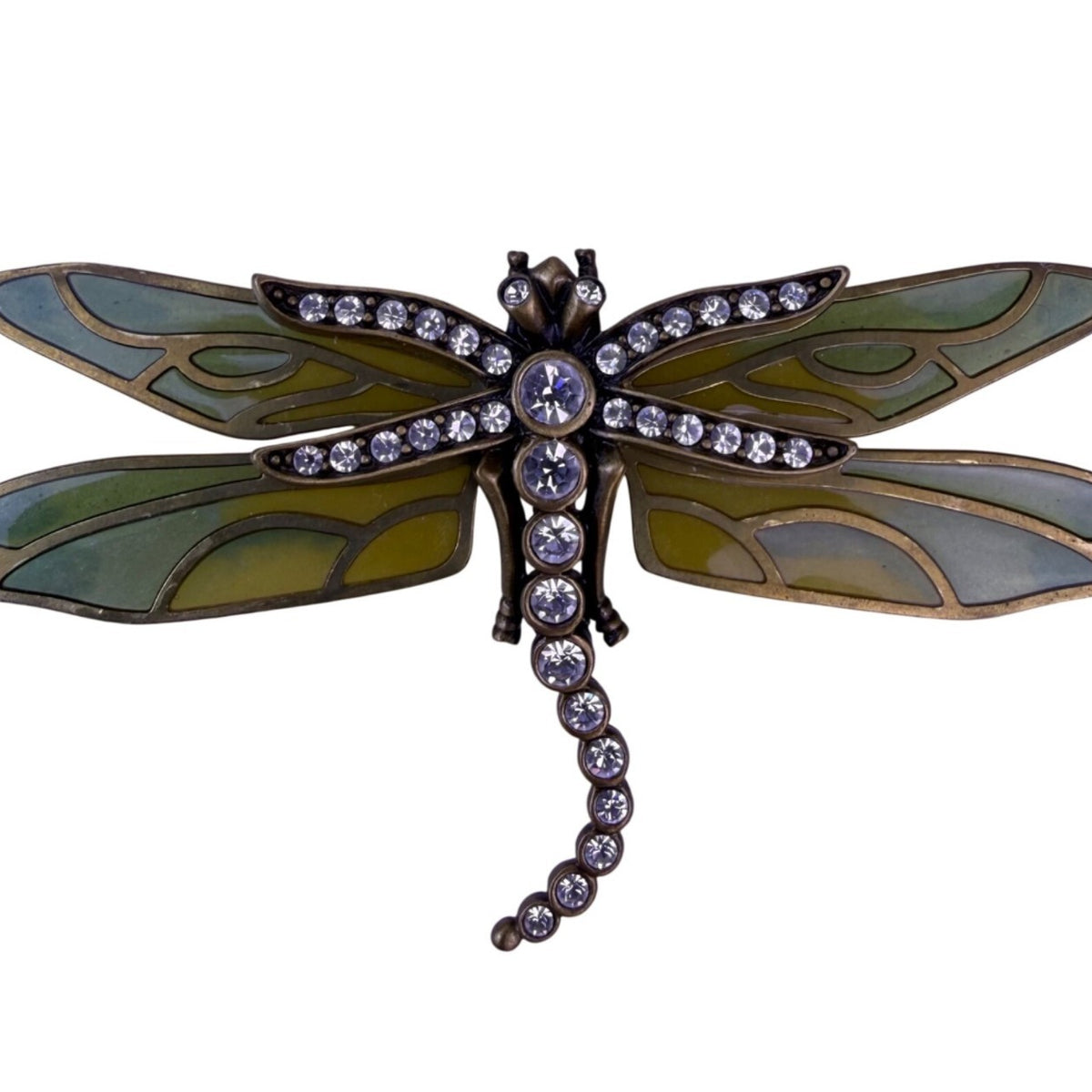 Kenneth Jay Lane Gold Tone & Green Rhinestone Dragonfly Brooch Enamel Wings