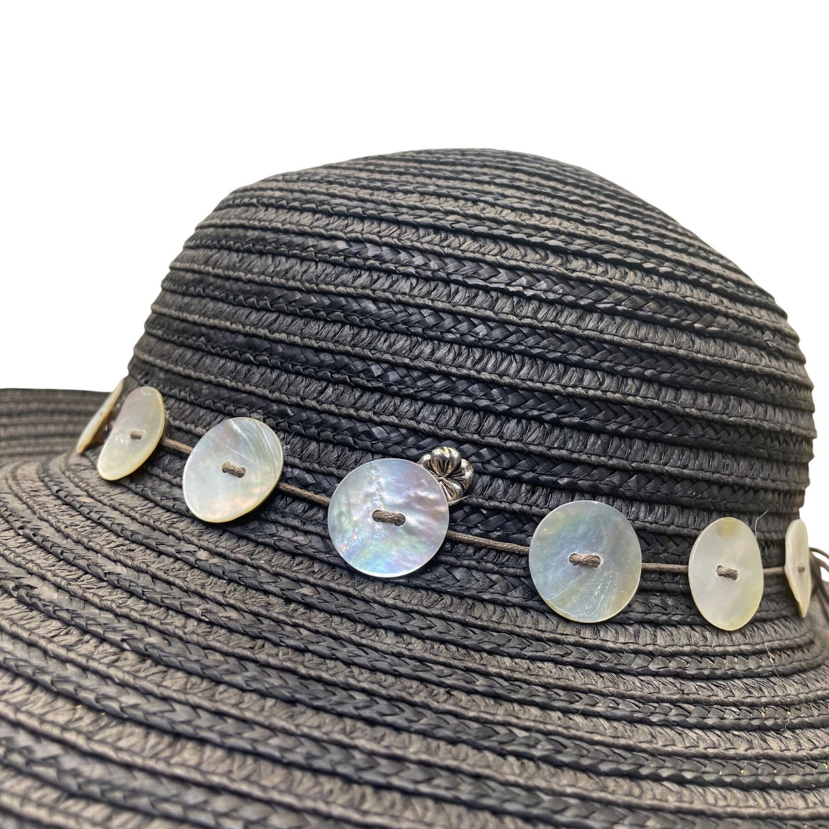 Flora Bella Womens Black Straw Hat W/Mother-Of-Pearl Accents Sun Protection