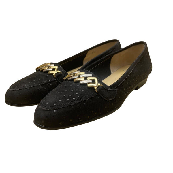 Amalfi By Rangoni Women’s Black Leather Loafers Gold Accent Flat Shoes Size 6.5M