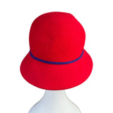 Something Special Womens Red Wool Bucket Hat Floral Accent Blue Trim