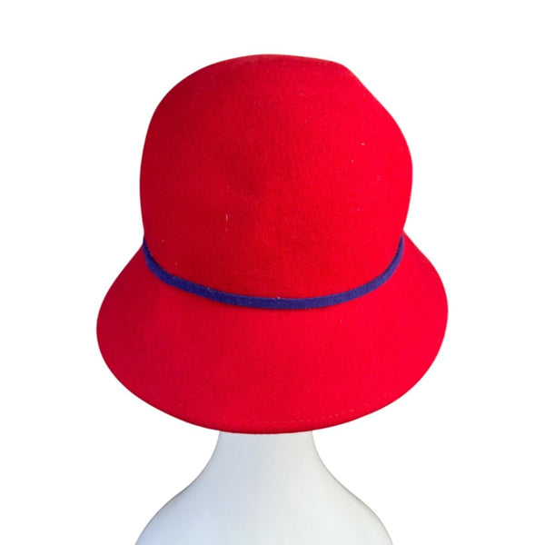 Something Special Womens Red Wool Bucket Hat Floral Accent Blue Trim
