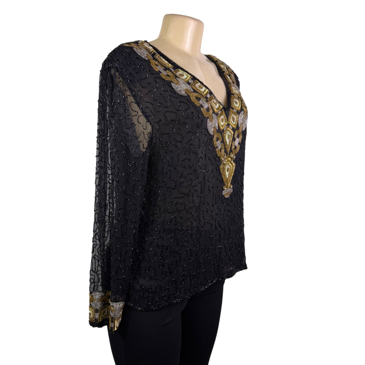 Chetan Creations Black Silk Hand Woven Sequined Beaded Top Gold V-Neck Sz M