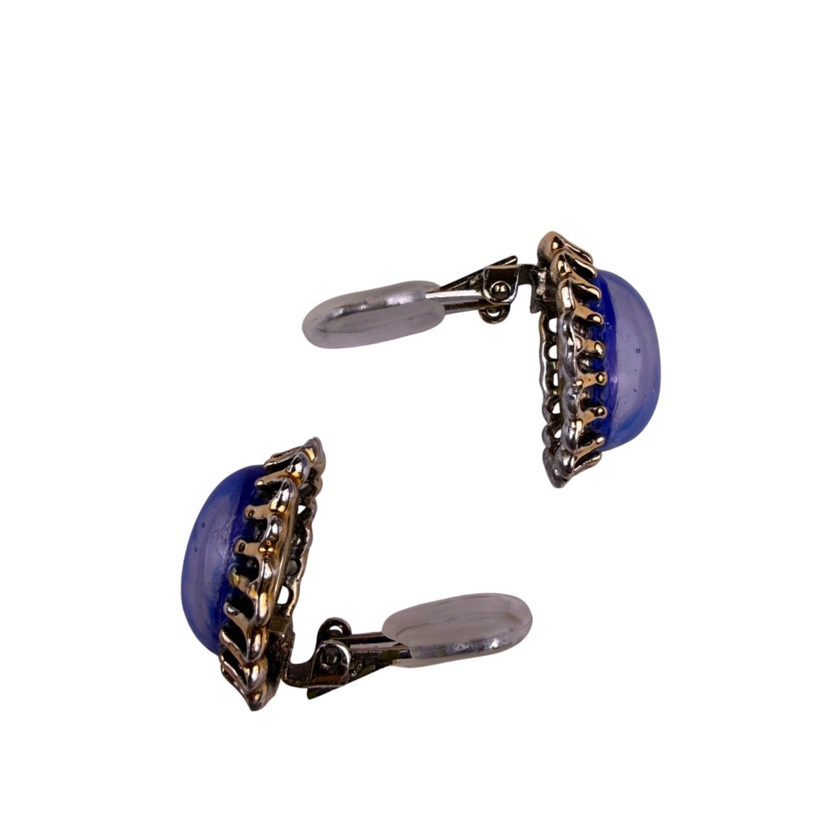 Vintage Womens Blue Fused Glass & Gold Tone Oval Clip-On Earrings Filigree