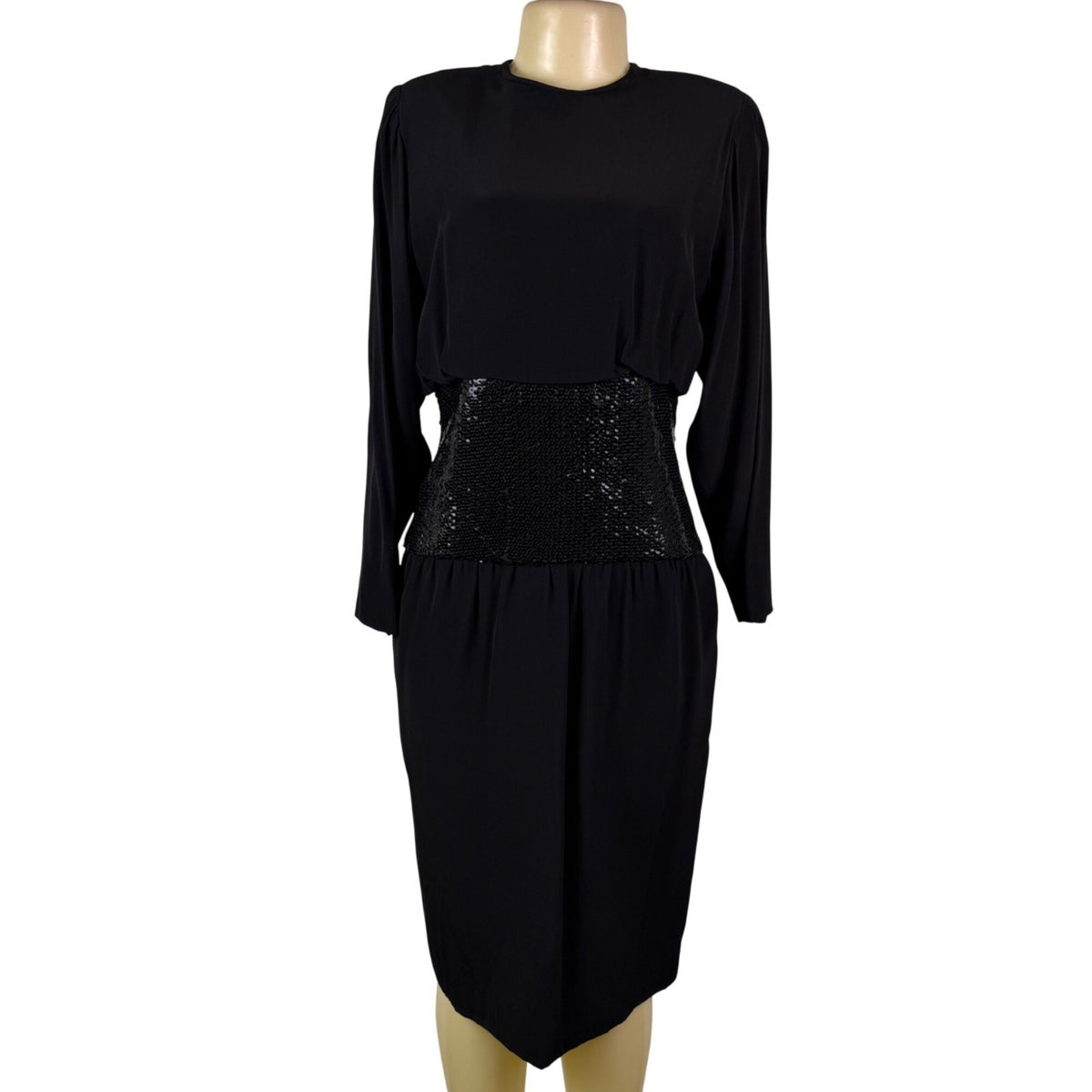 Vintage Mignon Womens Black Sequin Cinched Waist Long Sleeve Dress M