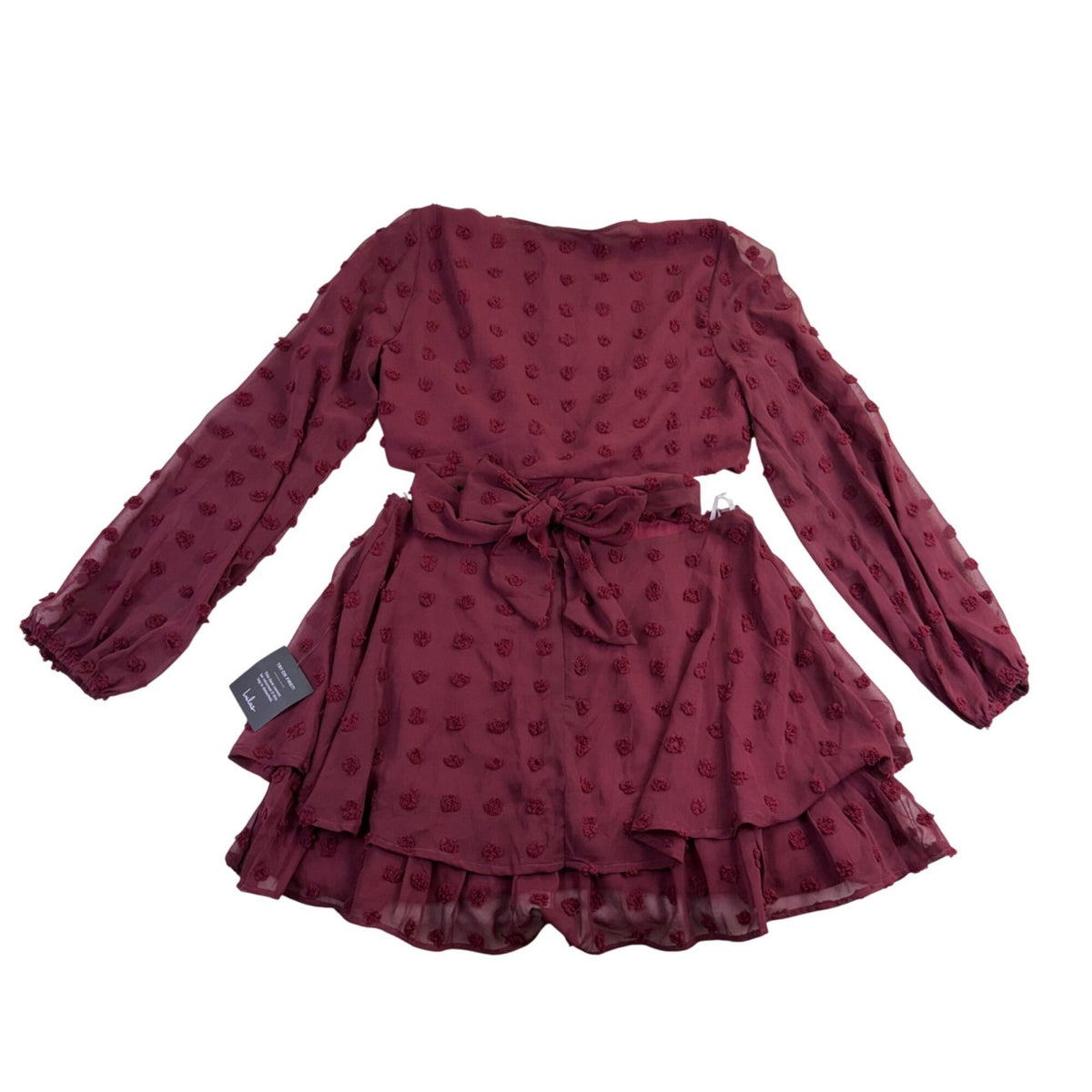 Lulus Womens Burgundy Tie-Front Long Sleeve Dress Ruffle Hem Polka Dot Sz XL