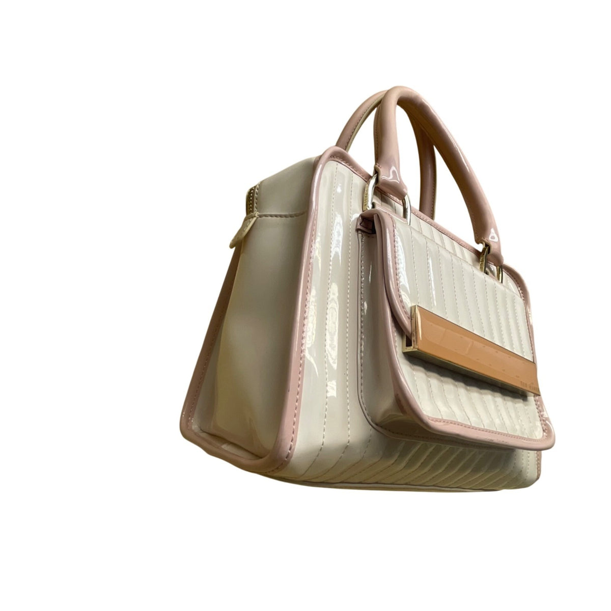 Ted Baker Women’s Pink & Cream Patent Stripe Detail Dual Top Handles Satchel
