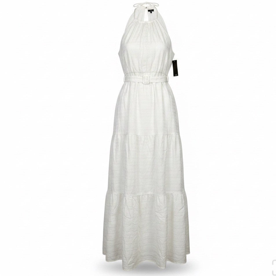 New York & Company Womens White Cotton Halter Maxi Dress With Tie Belt Sz XS