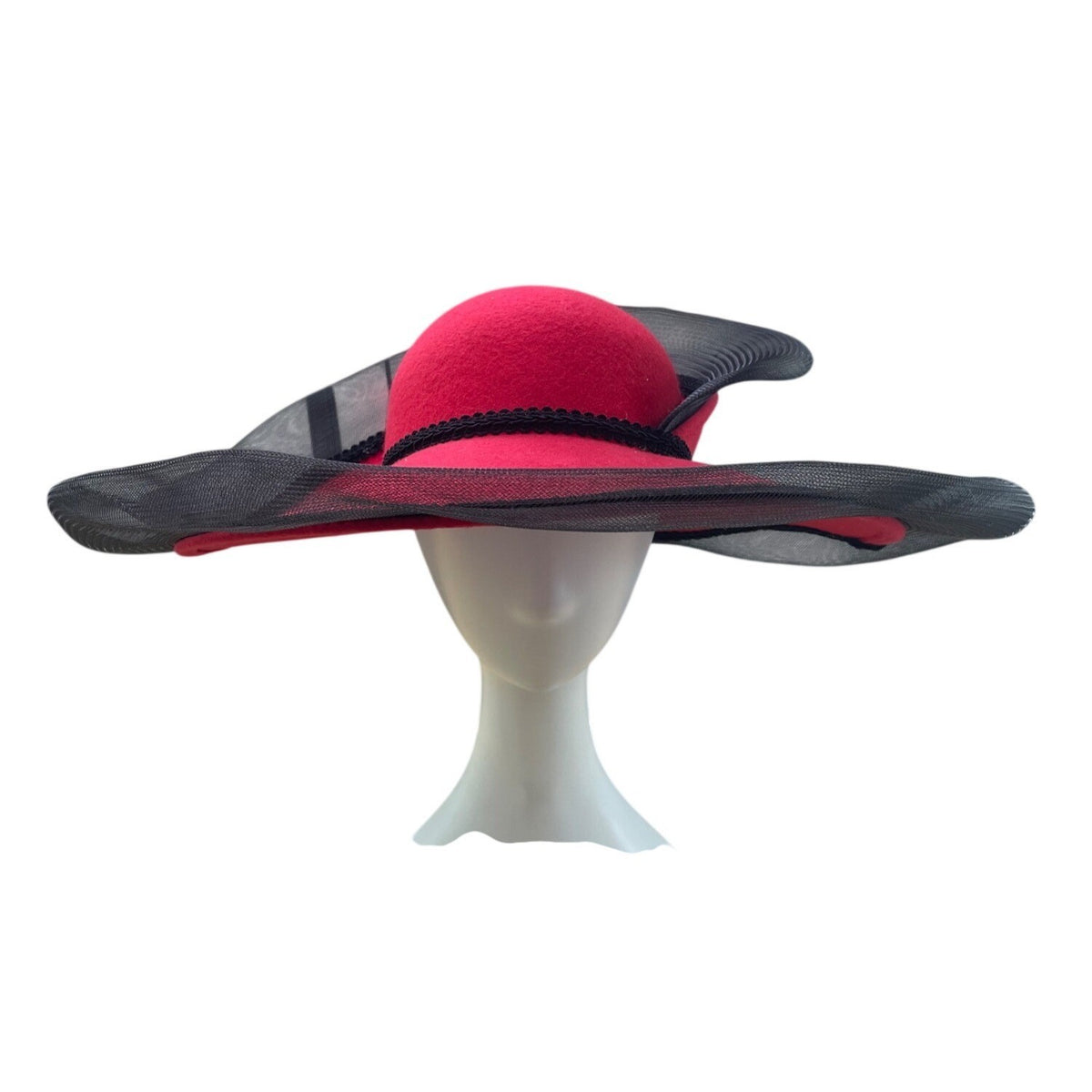 Wide Brim Red & Black Wool Fascinator Hat With Mesh Flower Detail Vintage Style