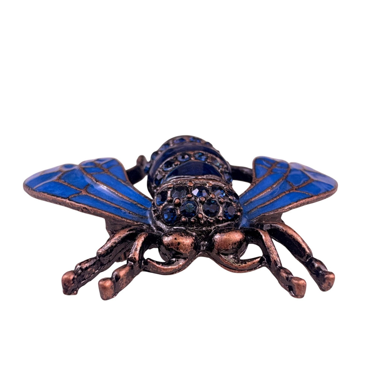 Bee-Vintage Blue Enamel Brooch With Imitation Crystals Copper Tone Jewelry