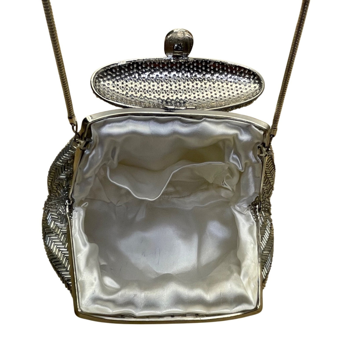 Women’s Silver Chevron Pattern Beaded Framed Crossbody Evening Purse