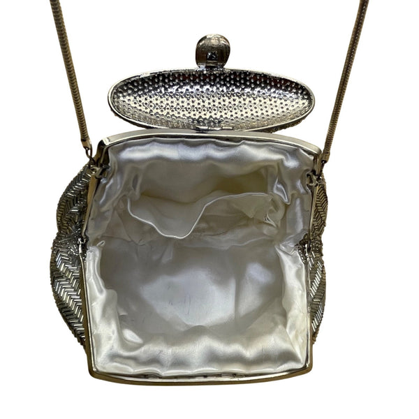 Women’s Silver Chevron Pattern Beaded Framed Crossbody Evening Purse
