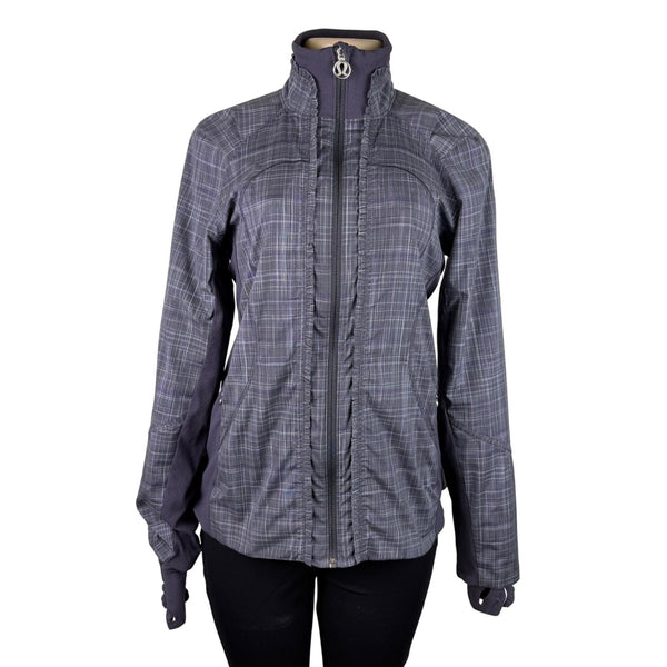 Lululemon Womens Gray Plaid Full-Zip Lightweight Jacket Ruffle Trim High Collar