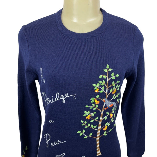 Cyn Totles Women's Dark Blue Pear Tree Design Sweater Sz M - NWT