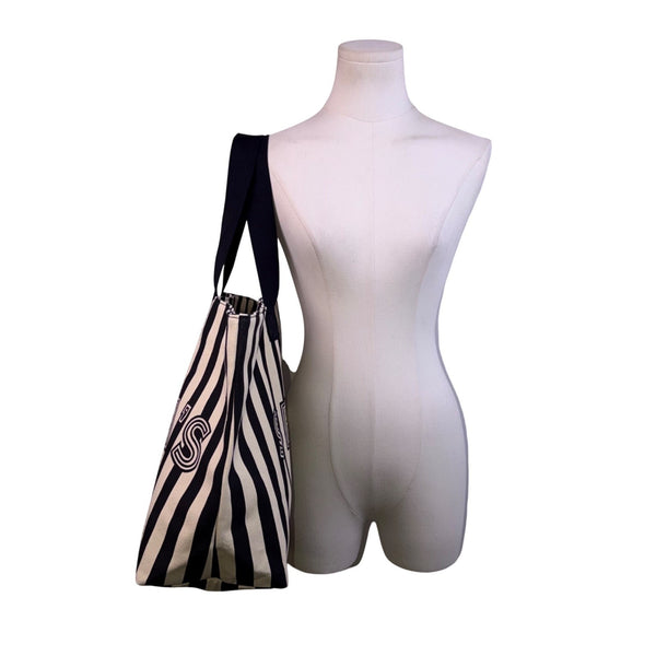 Victorias Secret Women’s Black & Cream Canvas Striped Signature Logo Tote Bag