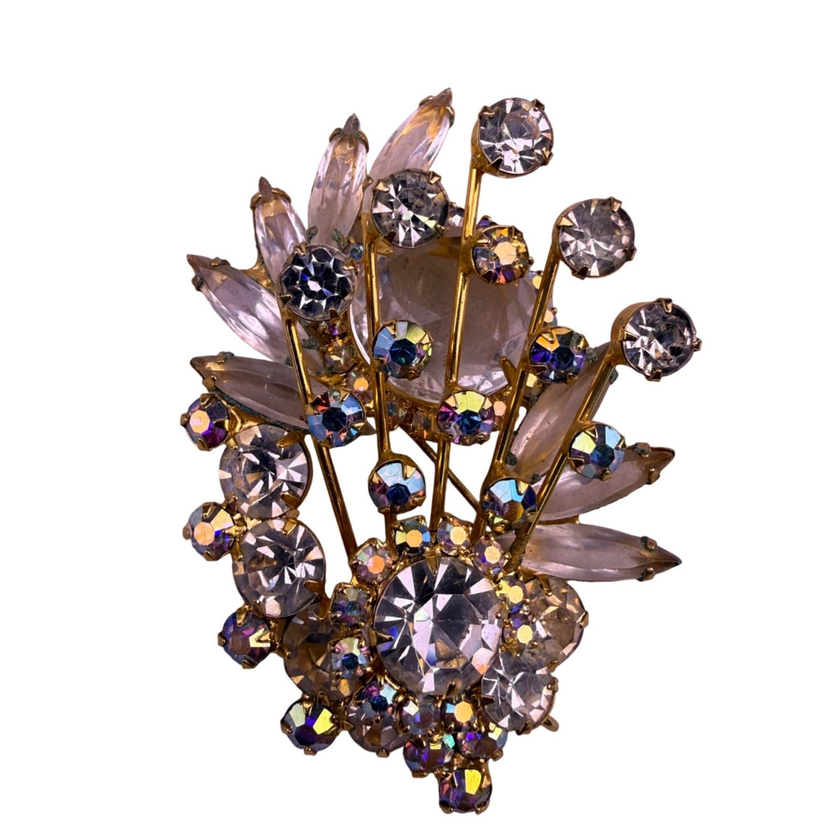 Vintage Gold Tone Rhinestone Clip-On Earrings & Floral Brooch Set