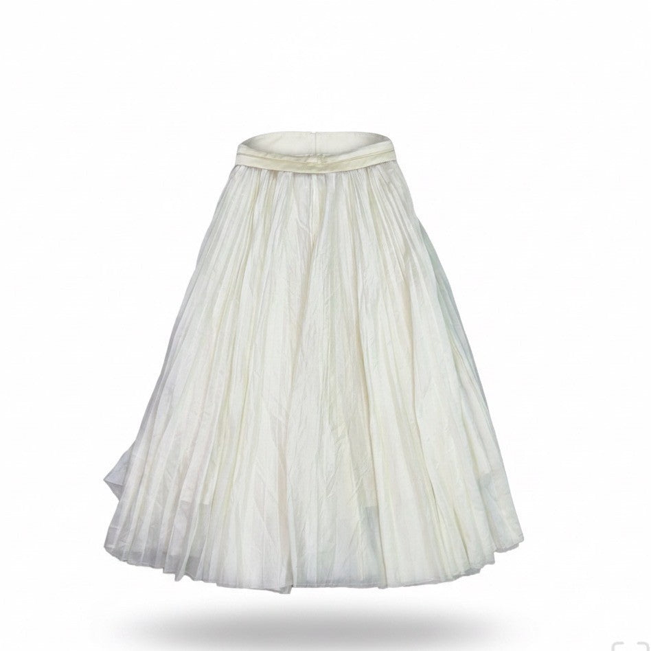 Vintage Womens Off-White Pleated Full Midi Skirt Elastic Waist Casual Wear