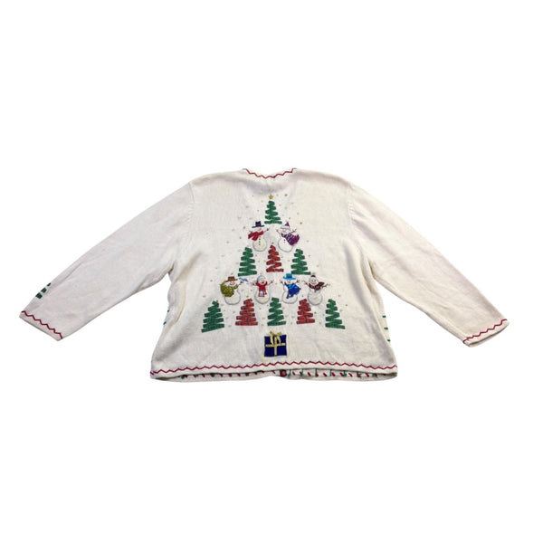 Studio Joy Womens White Holiday Cardigan Embellished Trees Design Sz 3X
