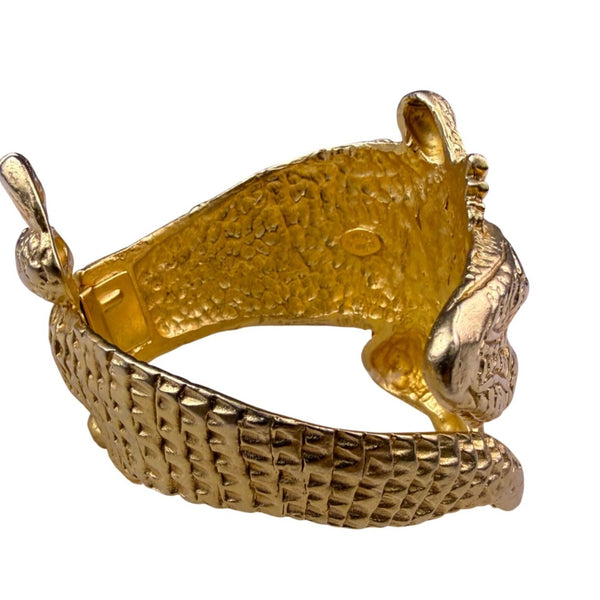 70s & 80s Kenneth Jay Lane Gold Tone Cuff Bracelet Alligator Textured Vintage