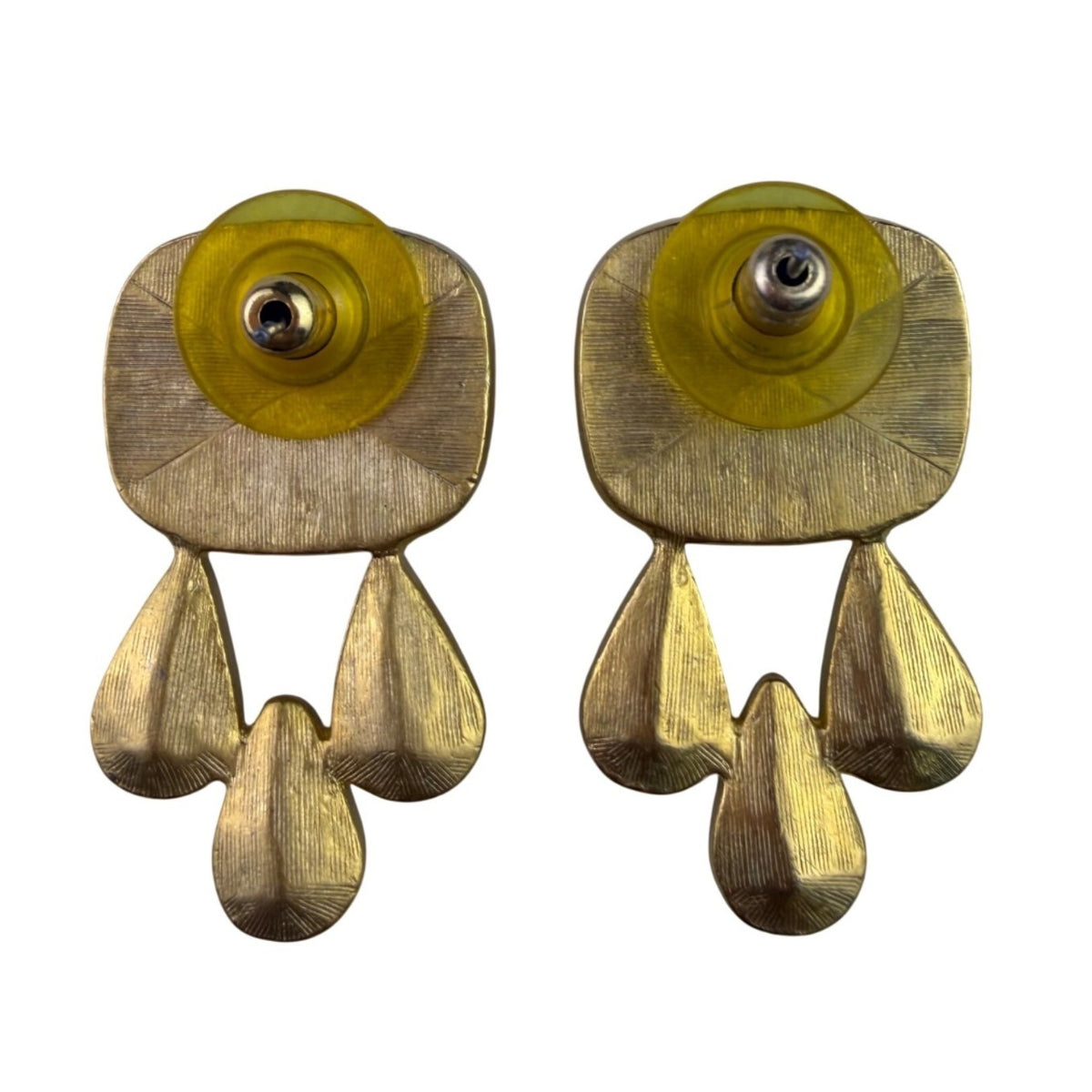 1980s Unknown Women Gold Tone Metal Drop Earrings Green Crystal Black Enamel