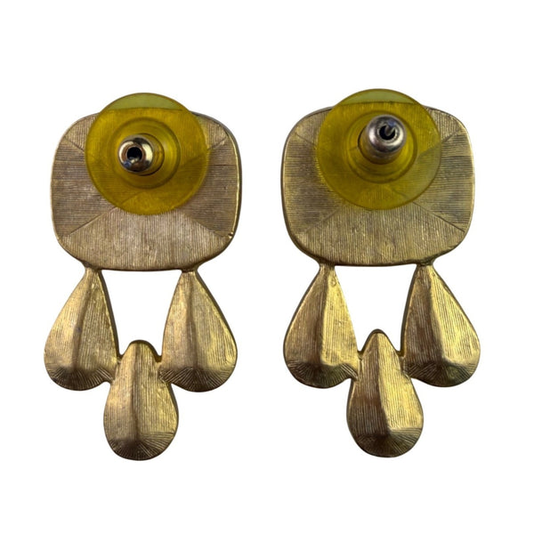 1980s Unknown Women Gold Tone Metal Drop Earrings Green Crystal Black Enamel