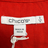 Chicos Womens Red Linen Maxi Dress Tiered Design Flutter Sleeves Size 2 (L - 12)