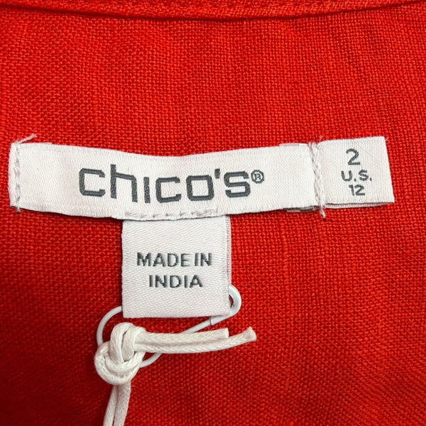 Chicos Womens Red Linen Maxi Dress Tiered Design Flutter Sleeves Size 2 (L - 12)