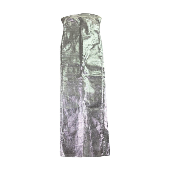 Zara Womens Silver Metallic Denim Fitted Strapless Maxi Dress Stunning Size XS 