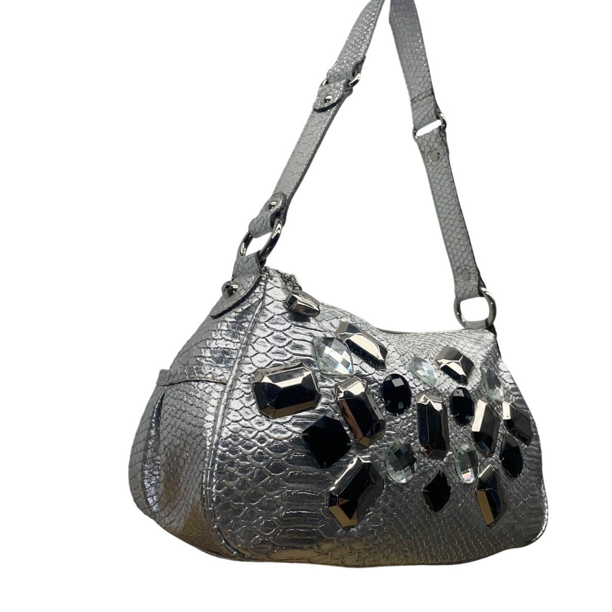 Kathy Women’s Silver Faux Snakeskin With Gemstone Embellishments Shoulder Bag