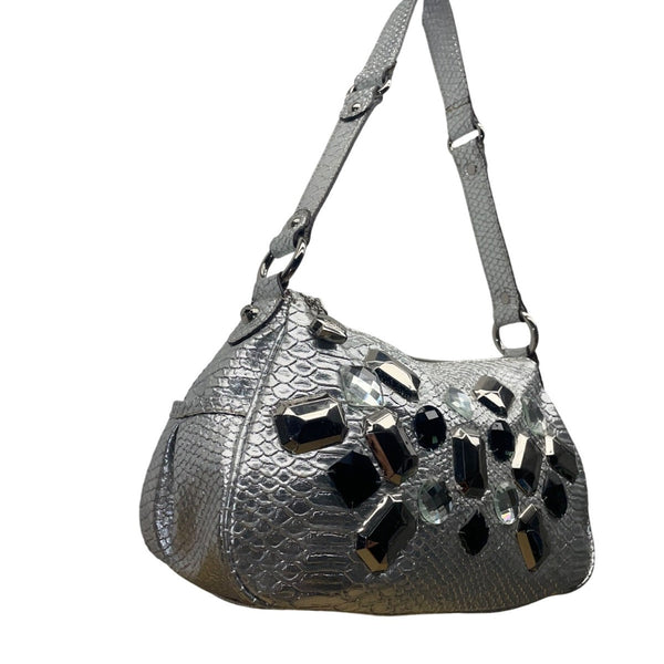 Kathy Women’s Silver Faux Snakeskin With Gemstone Embellishments Shoulder Bag