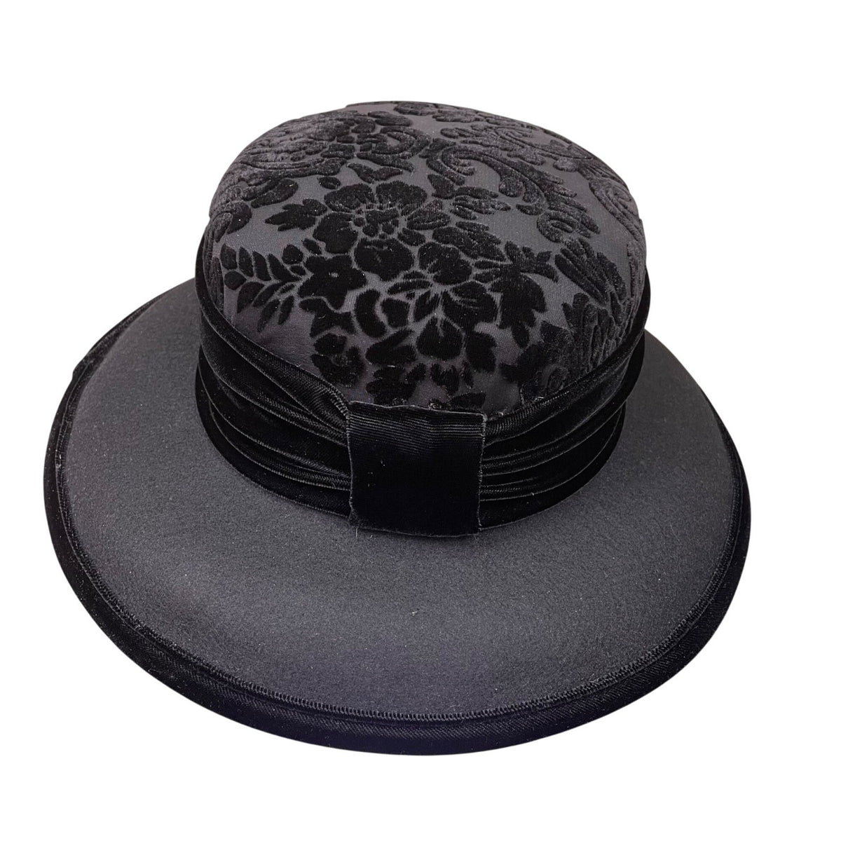 Talbots Women’s Black Velvet & Damask Wide Brim Hat Elegant Floral Pattern